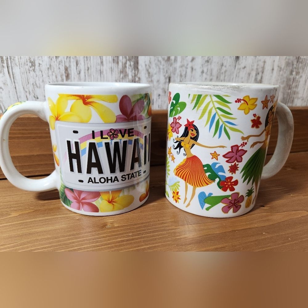 Hawaii Aloha State & Floral Hulu Girl Coffee Mug Set